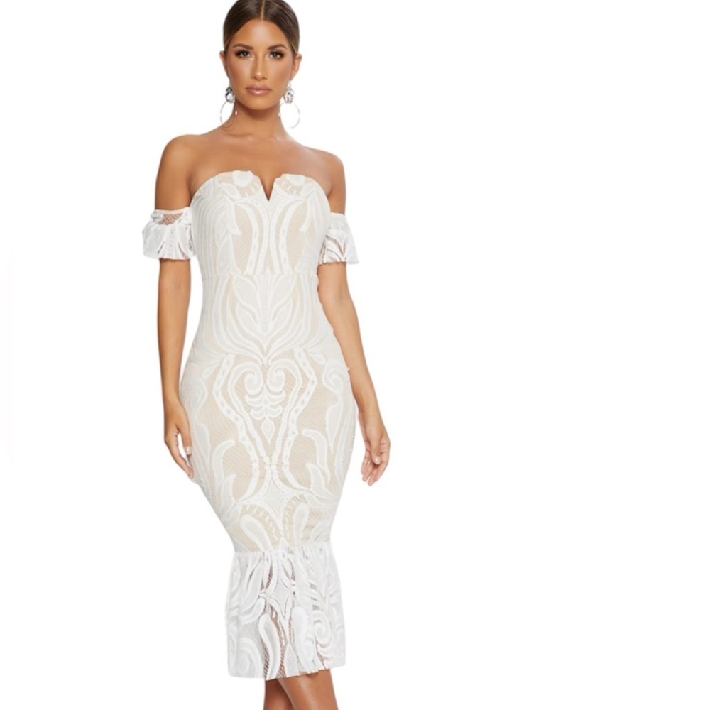 PrettyLittleThing White Bardot Lace Frill Hem Midi Dress Size 6 NWT